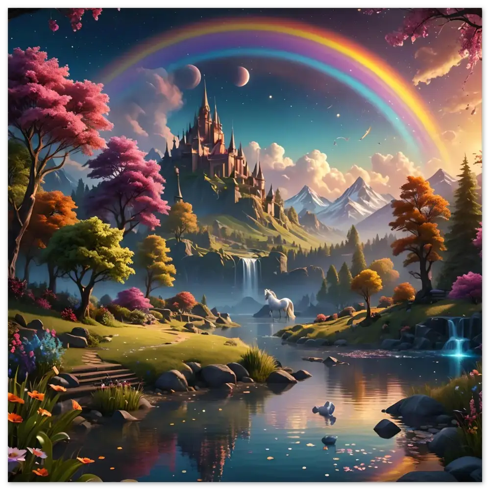 Fantasy castle landscape with rainbow in PixiOnyx Realm of the Rainbow Crown poster