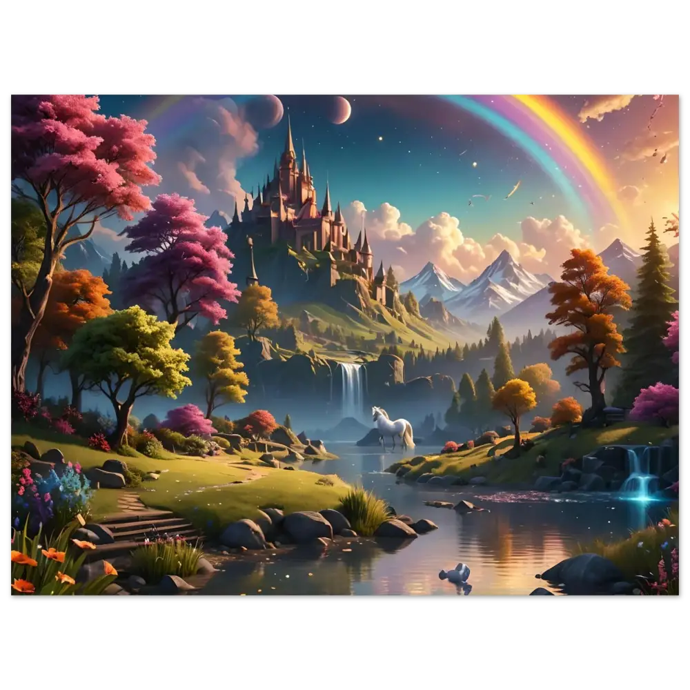 Whimsical fantasy landscape from Realm of the Rainbow Crown Fine Art Fantasy Poster by PixiOnyx