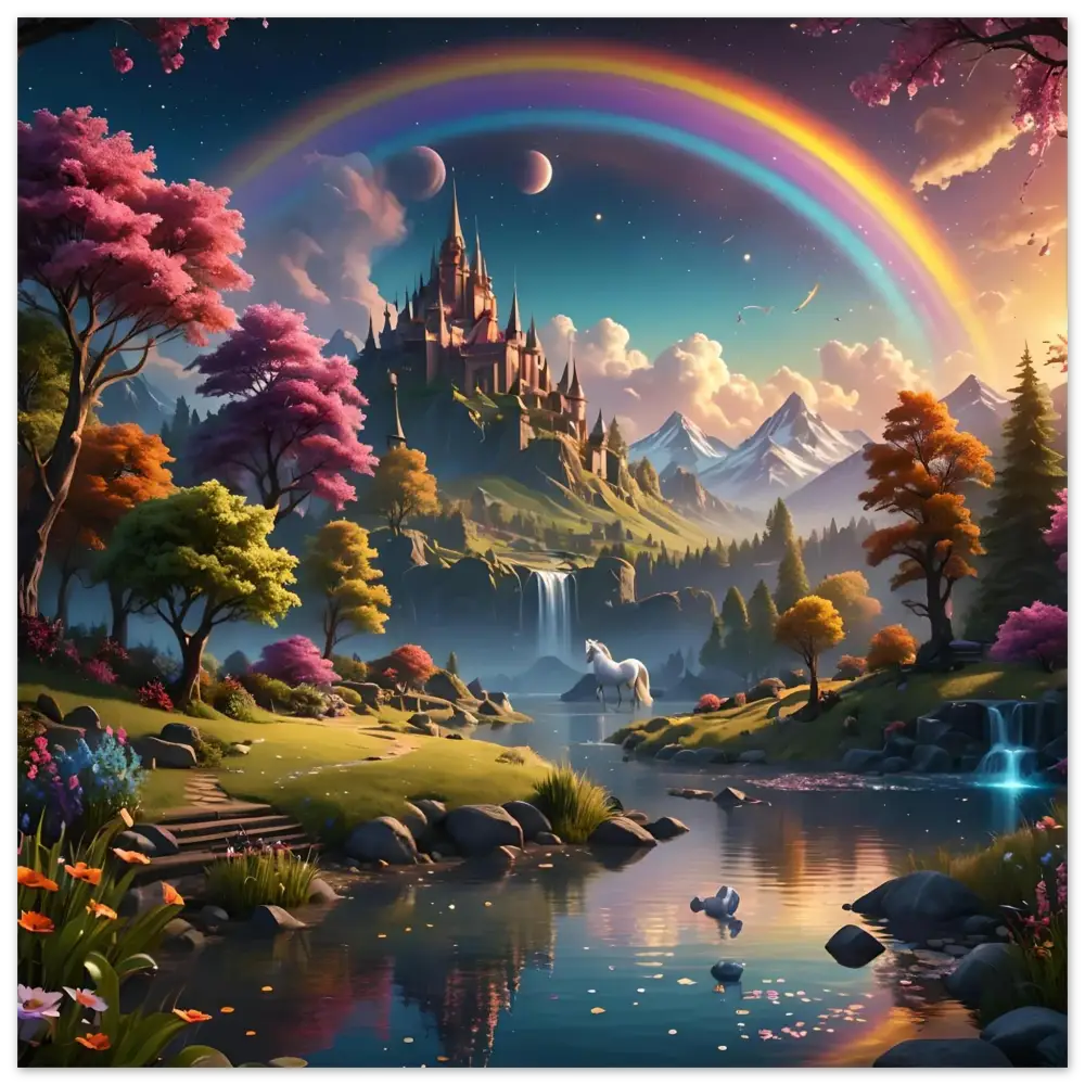 Fantasy castle landscape on the Realm of the Rainbow Crown glossy fantasy metal print by PixiOnyx