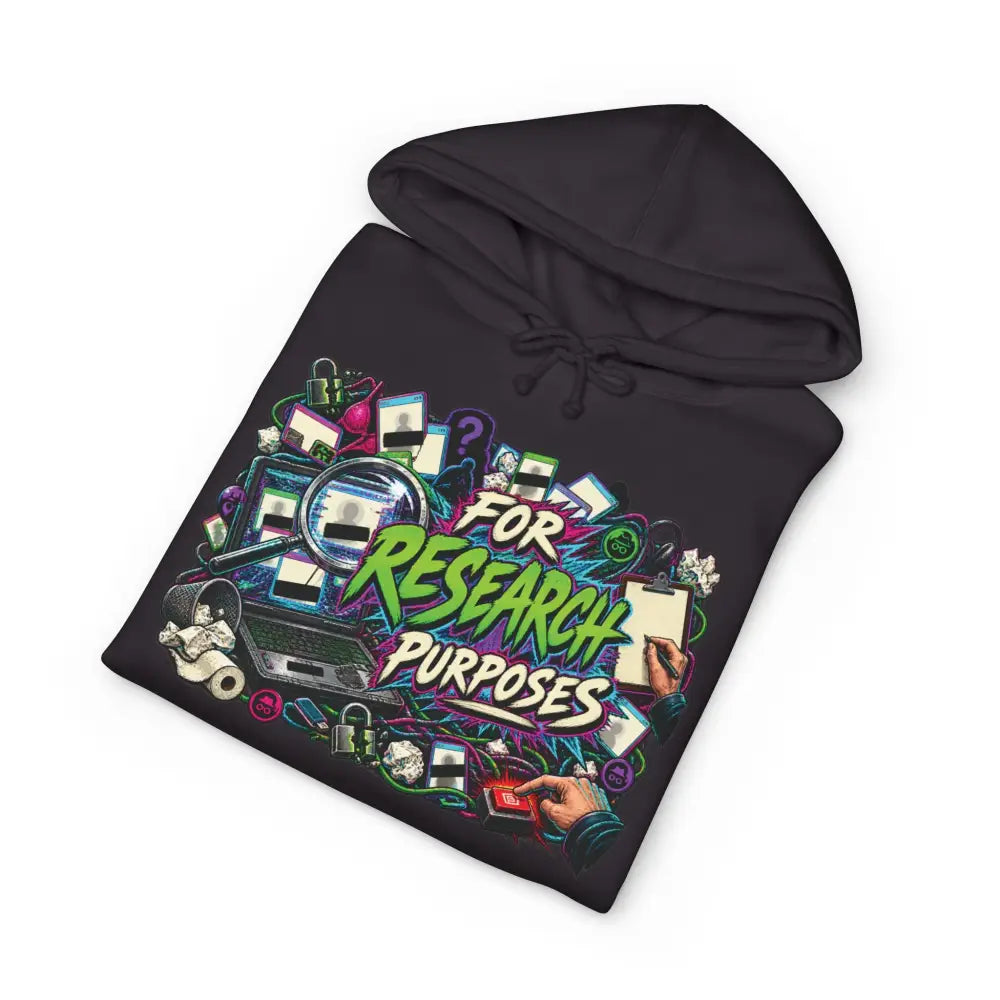 Black heavyweight hooded sweatshirt with colorful research-themed graphic and text for research purposes unisex hoodie