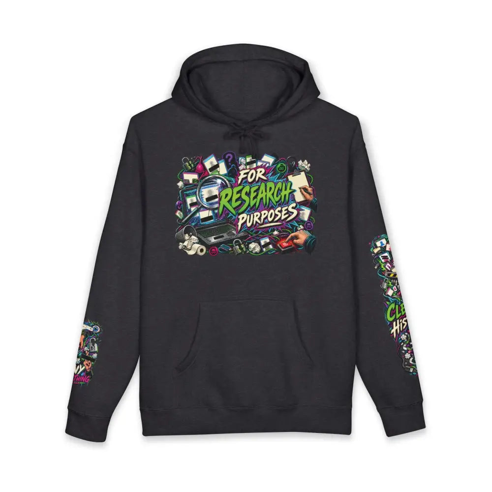 Black heavyweight hooded sweatshirt with vibrant graffiti style graphic for research purposes and retro tech illustrations