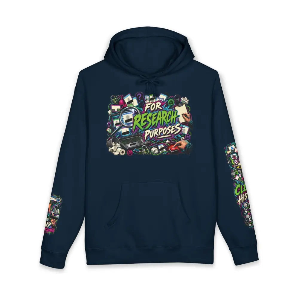 Dark navy blue heavyweight hooded sweatshirt with colorful graffiti style for research purposes graphic and text design