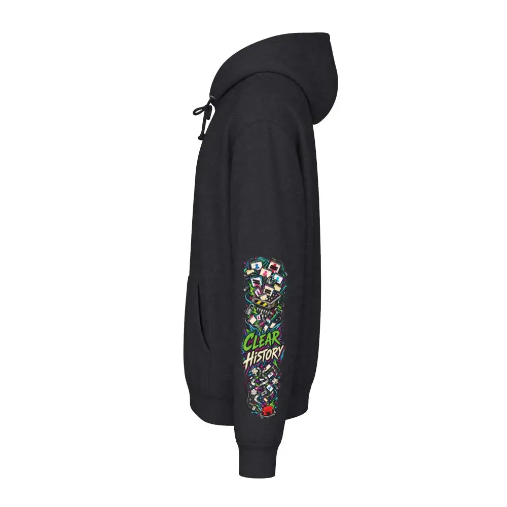 Black heavyweight hooded sweatshirt with vibrant clear history sleeve graphic from research purposes sweatshirt brings bold style