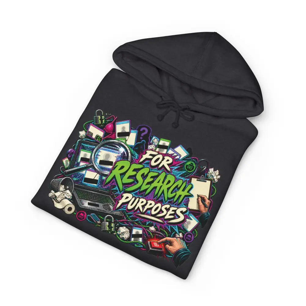 Black heavyweight hooded sweatshirt featuring vibrant graphic with for research purposes text and research icons