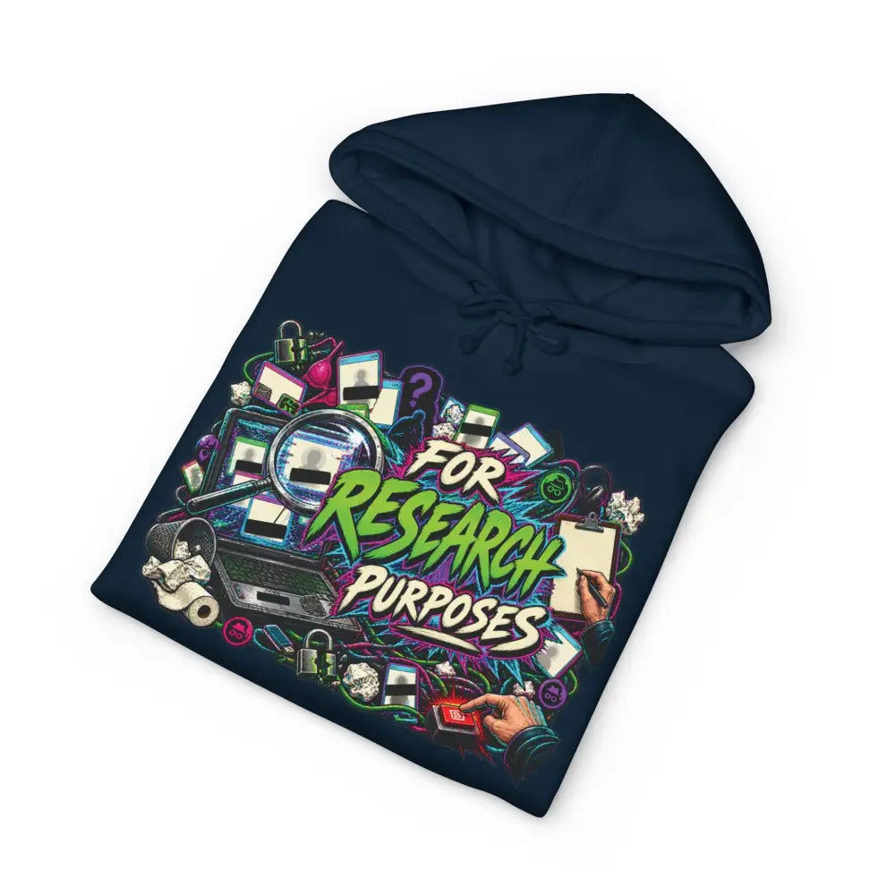 Navy blue heavyweight hooded sweatshirt with vibrant for research purposes graphic brings bold tech design