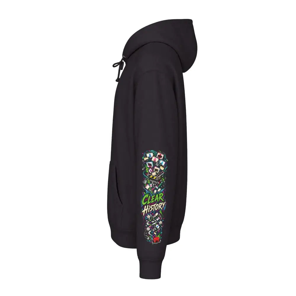 Black heavyweight hooded sweatshirt featuring vibrant clear history graphic on sleeve from research purposes sweatshirt brings bold style