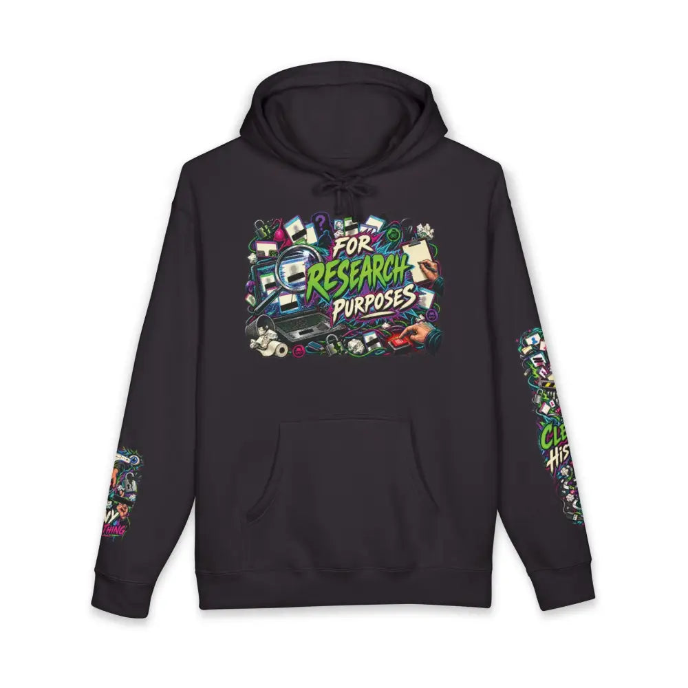 Black heavyweight hooded sweatshirt featuring vibrant graffiti style graphics with retro tech for research purposes
