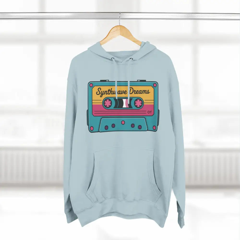 Light blue Retro Synthwave Hoodie with colorful cassette tape graphic, machine washable at max 30c