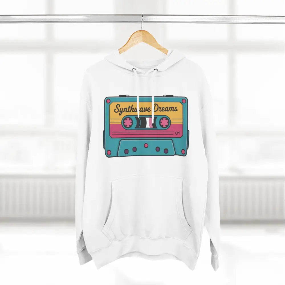 White hoodie with colorful Synthwave Dreams cassette graphic, machine washable at max 30c