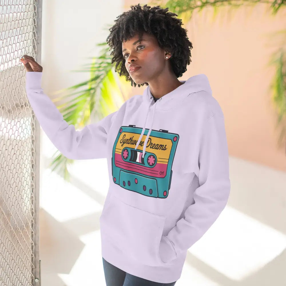 White hooded sweatshirt with colorful cassette tape graphic, machine washable, low heat safe