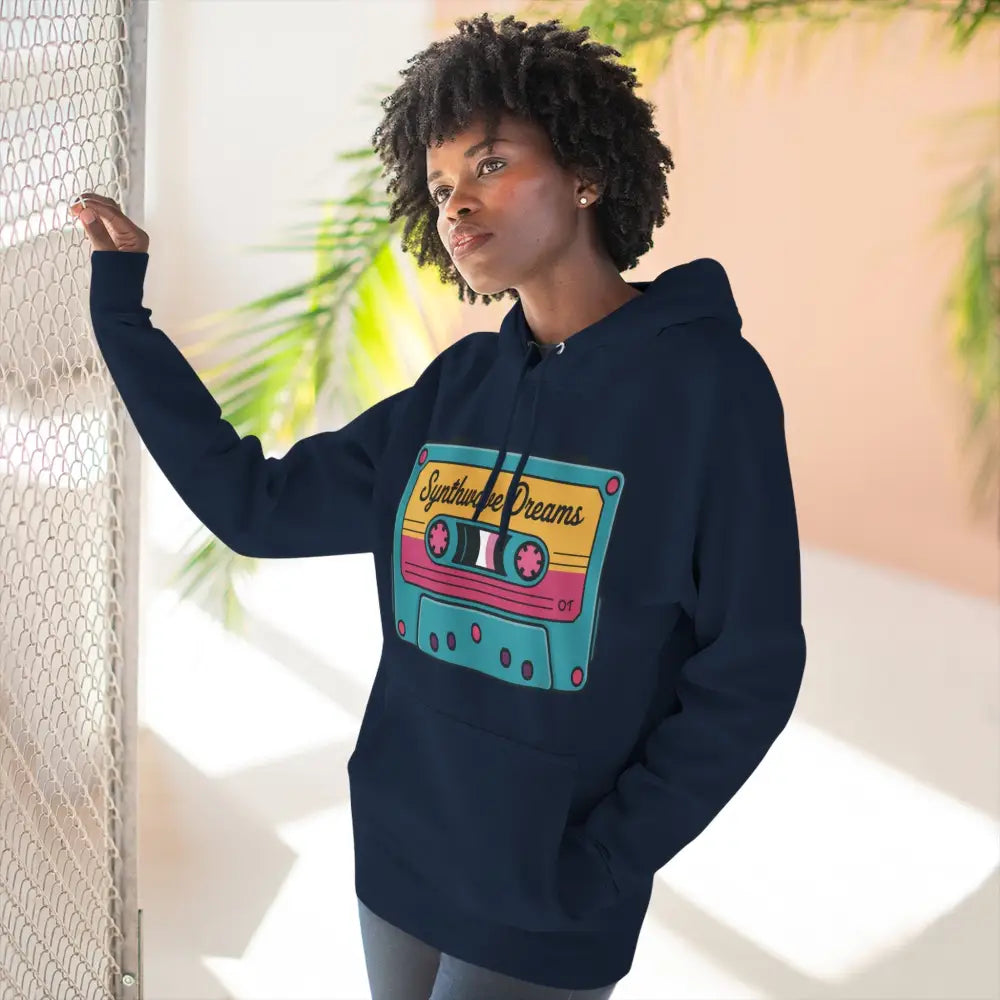 Dark blue Retro Synthwave Hoodie with colorful cassette tape graphic, machine washable at max 30c