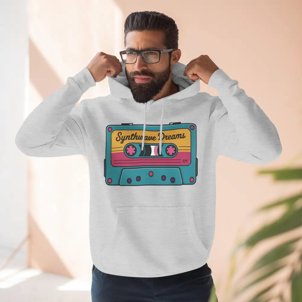 White hoodie with colorful cassette tape graphic, machine wash max 30c, cozy vintage music style