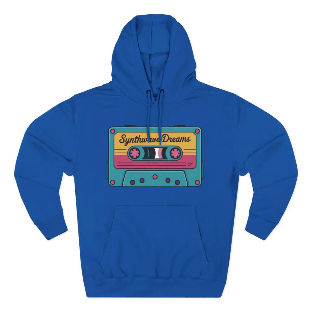 Blue hoodie with Synthwave Dreams cassette graphic, machine washable max 30c, casual streetwear