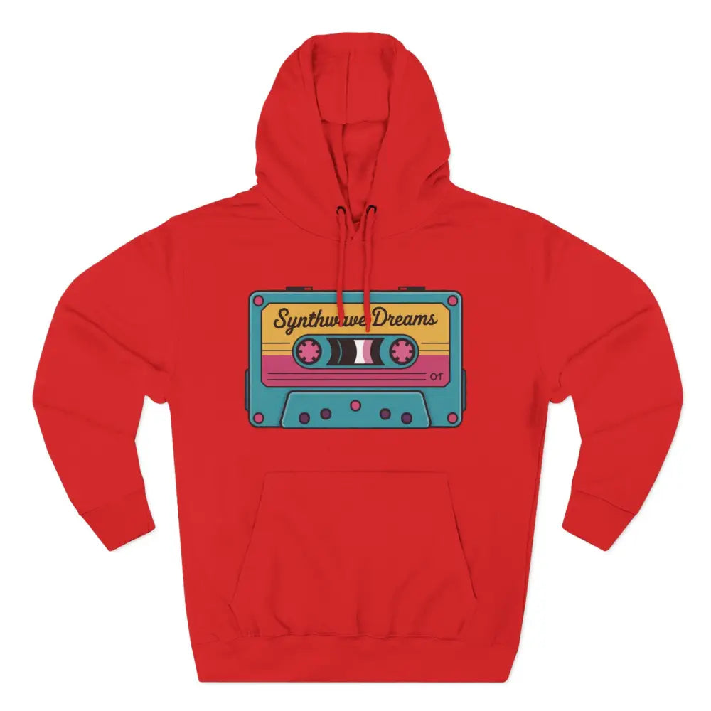 Red hooded sweatshirt with colorful cassette tape graphic, machine washable at max 30c