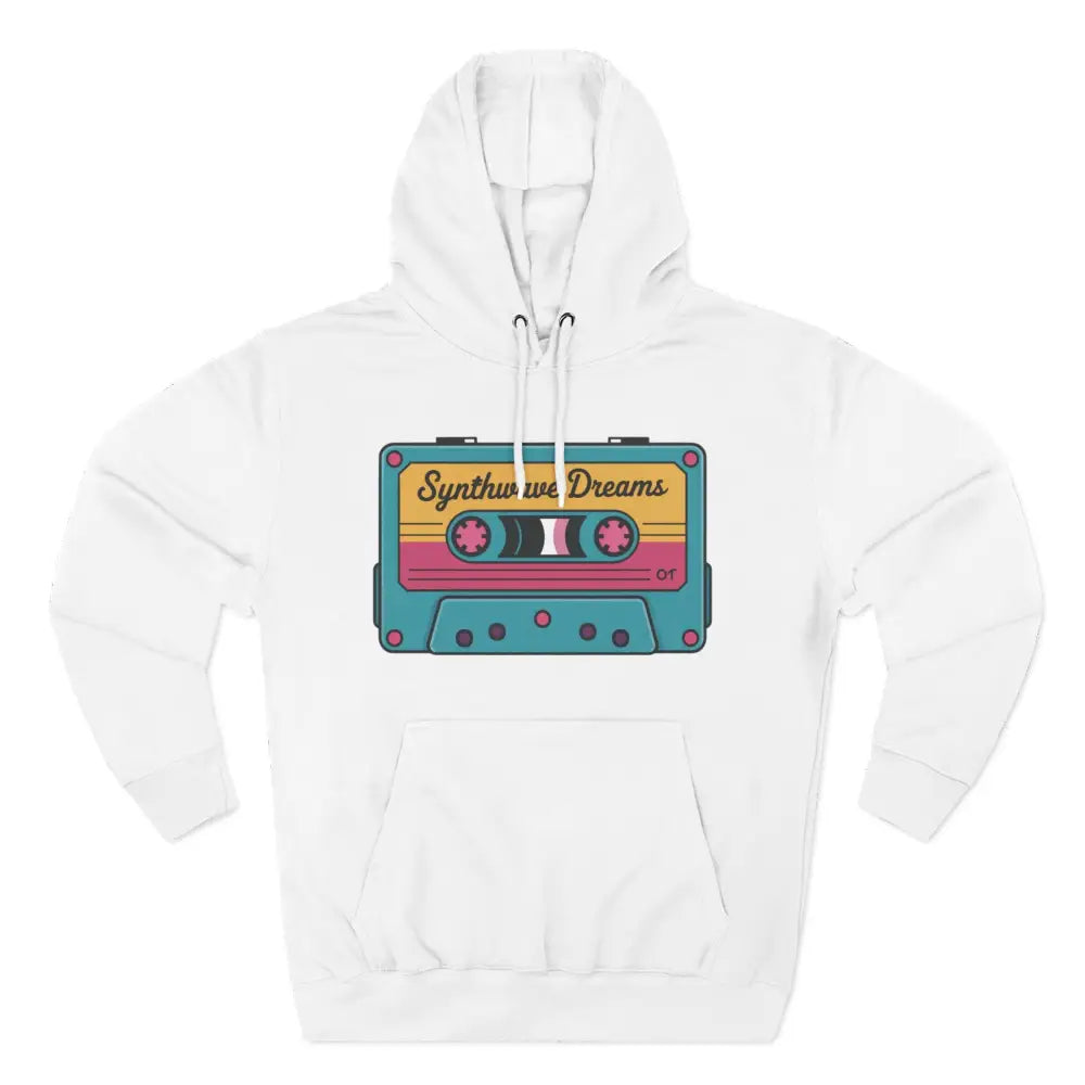 White hoodie with synthwave cassette tape graphic, cozy vintage music streetwear, machine wash max 30c