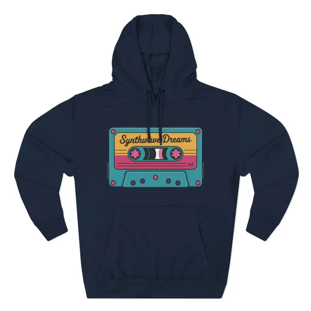 Navy blue Retro Synthwave Hoodie with cassette tape graphic, machine washable at max 30c