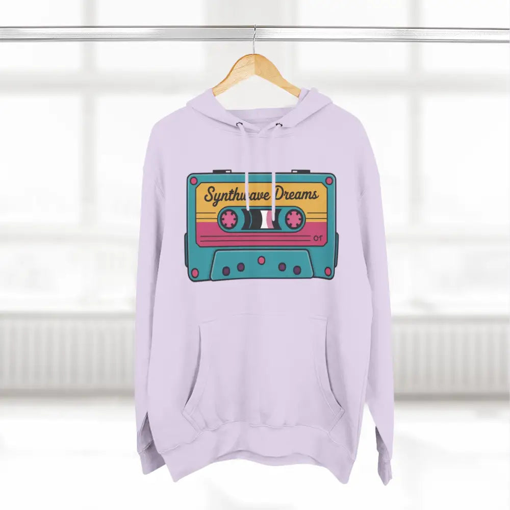 Light purple Retro Synthwave hoodie with vintage cassette tape graphic, machine washable at max 30c