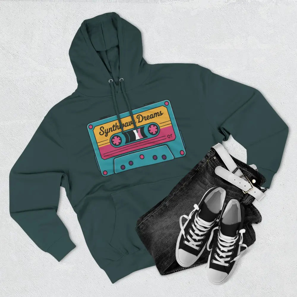 Dark green Retro Synthwave hoodie with colorful cassette tape graphic, machine wash max 30c