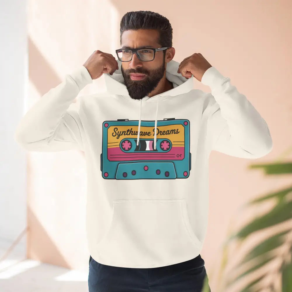 White hooded sweatshirt with retro cassette tape graphic, machine washable max 30c, casual streetwear