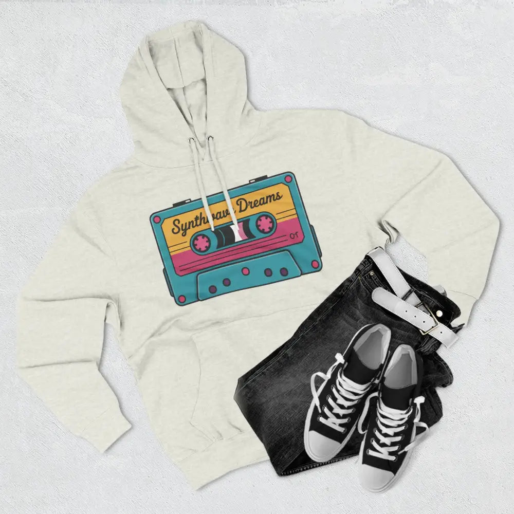 Off-white Retro Synthwave Hoodie with colorful cassette tape graphic, machine washable at max 30c