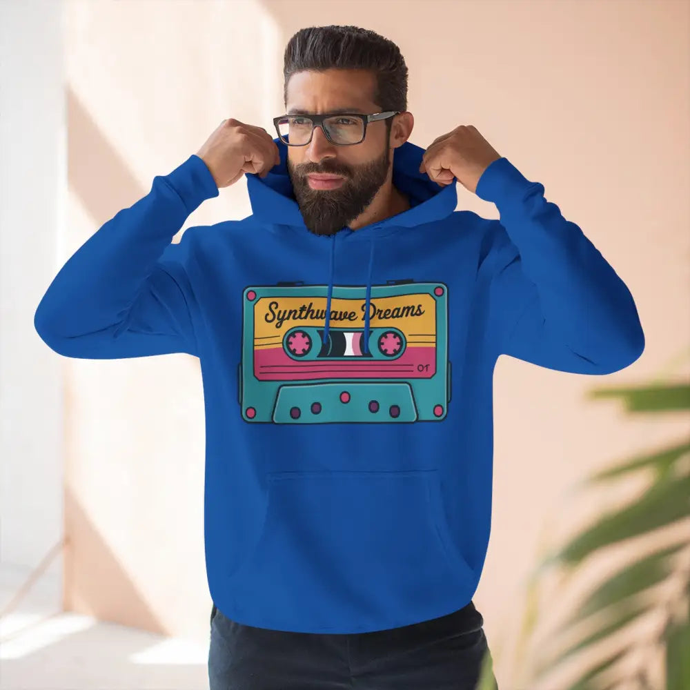 Blue hoodie with colorful cassette tape graphic, machine washable, perfect for music lovers