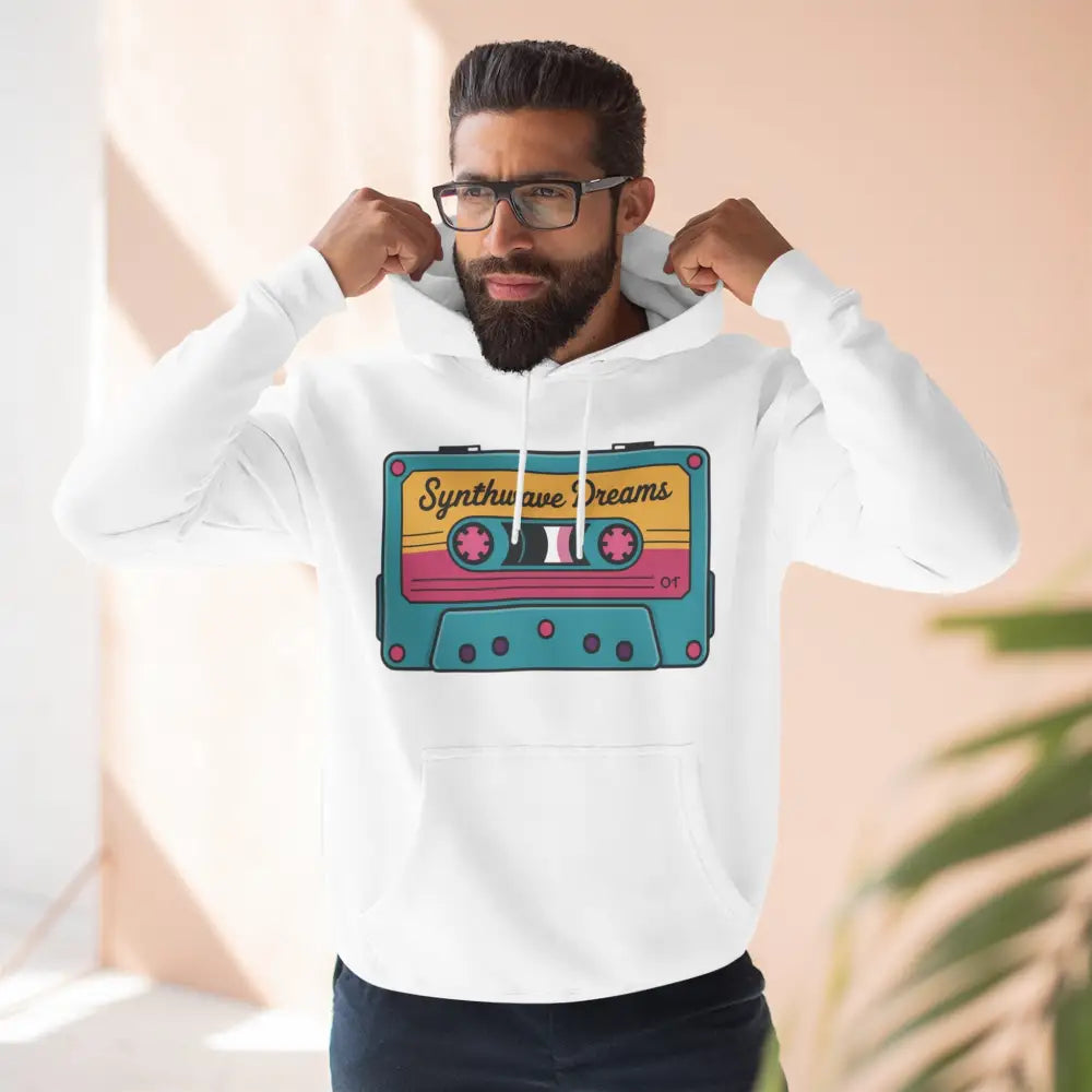 Man in white hoodie with colorful Synthwave Dreams cassette graphic, machine washable at max 30c