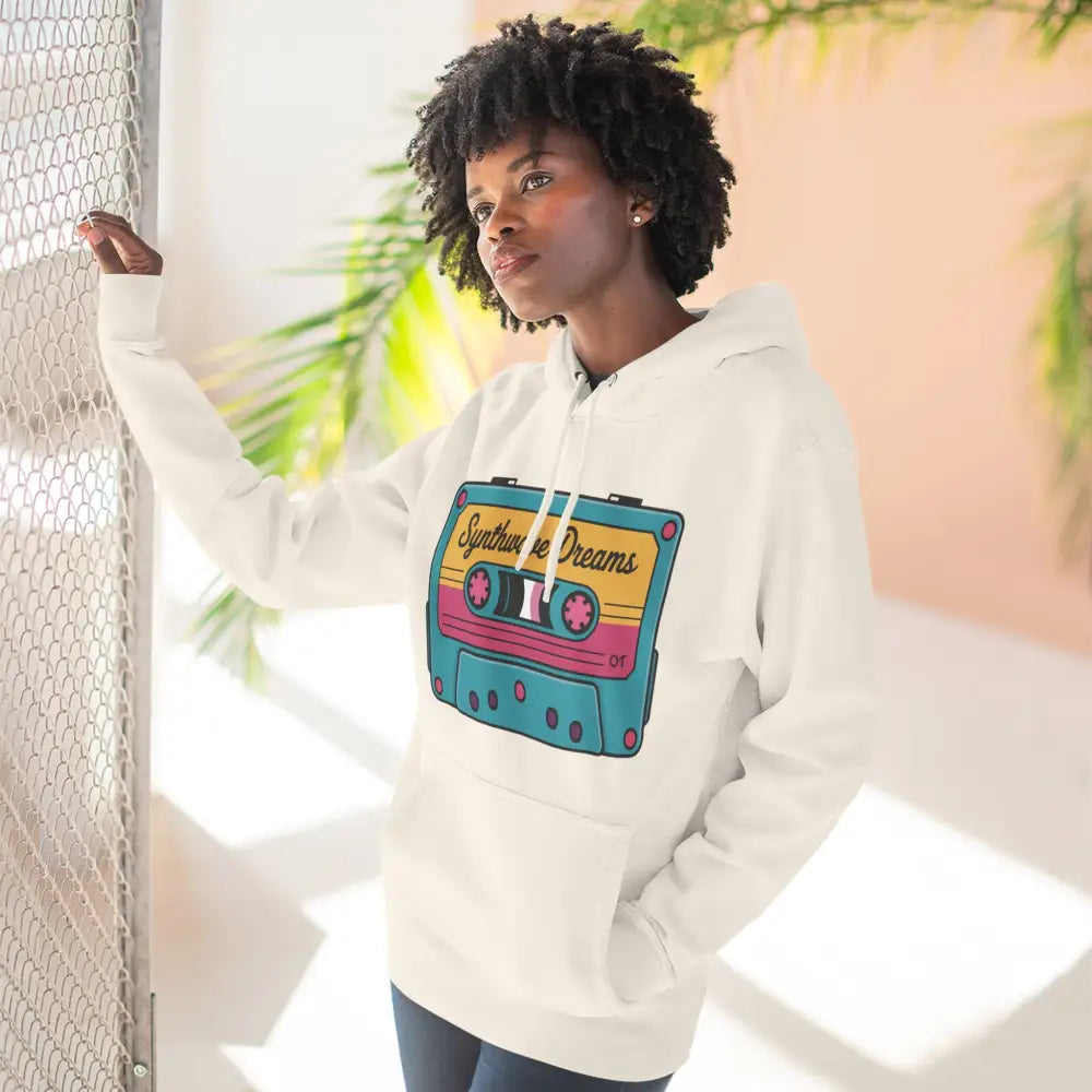 White zip-up hoodie with colorful cassette tape graphic, machine wash cold, low heat safe