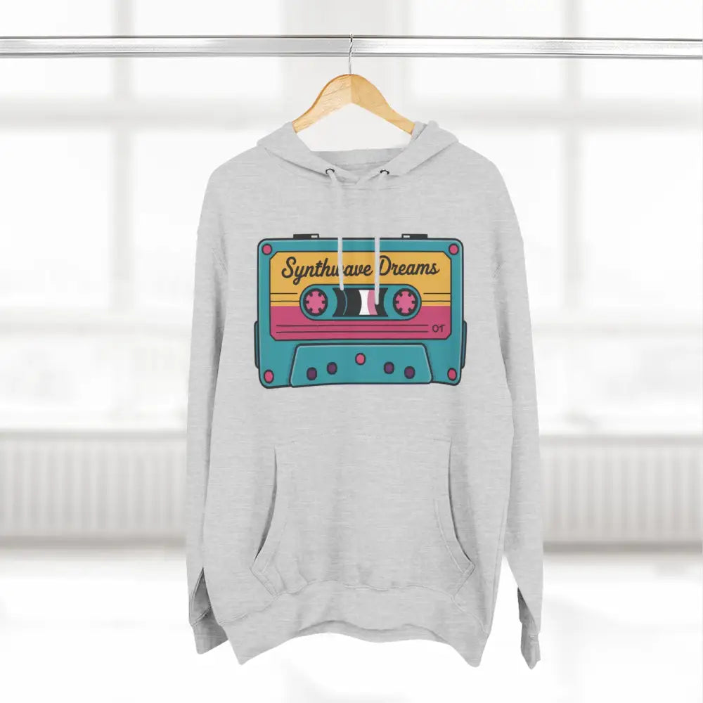 White hoodie with colorful retro cassette tape graphic, perfect for music lovers, machine washable at max 30C