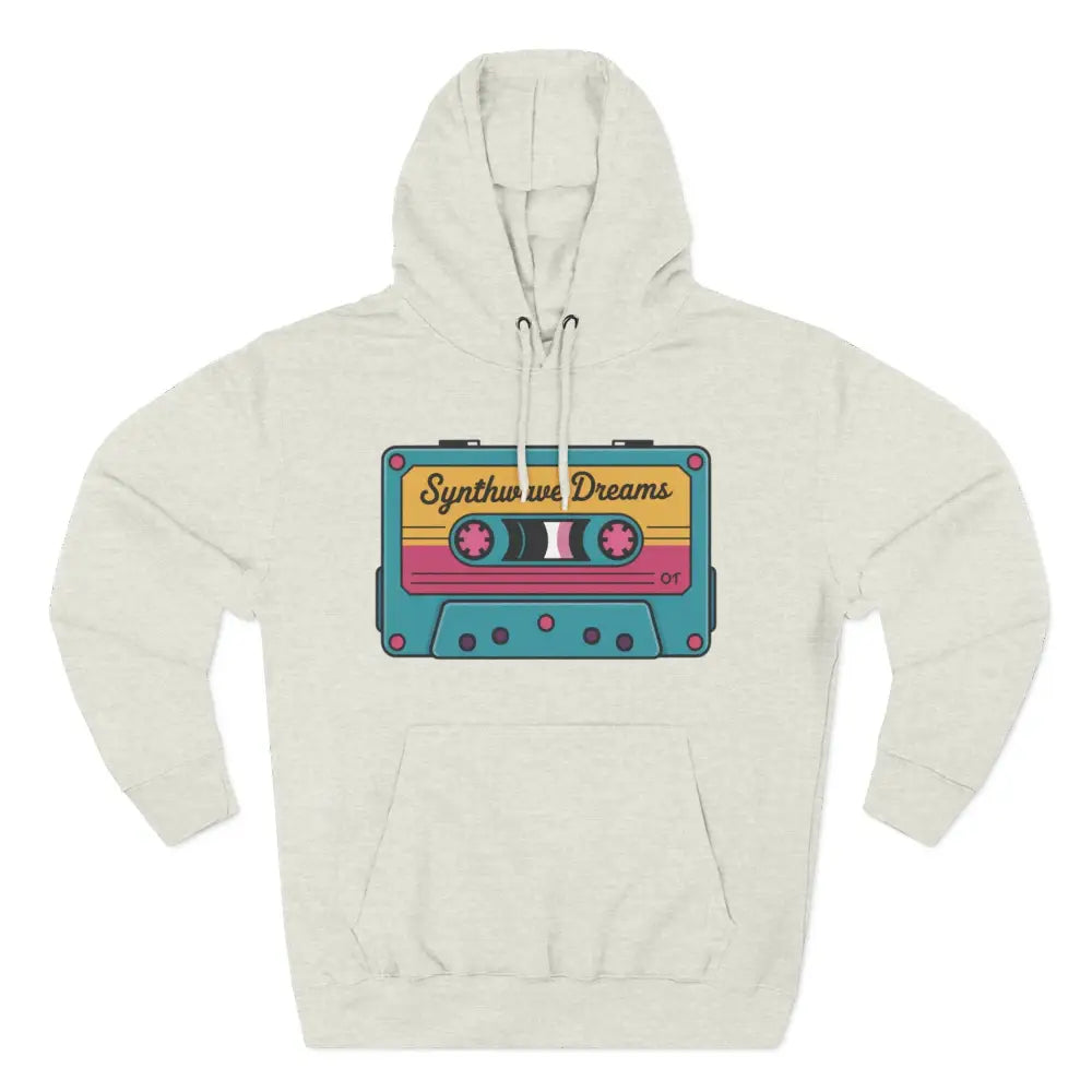 Cream-colored hoodie with retro cassette tape graphic, machine washable at max 30C and low heat safe