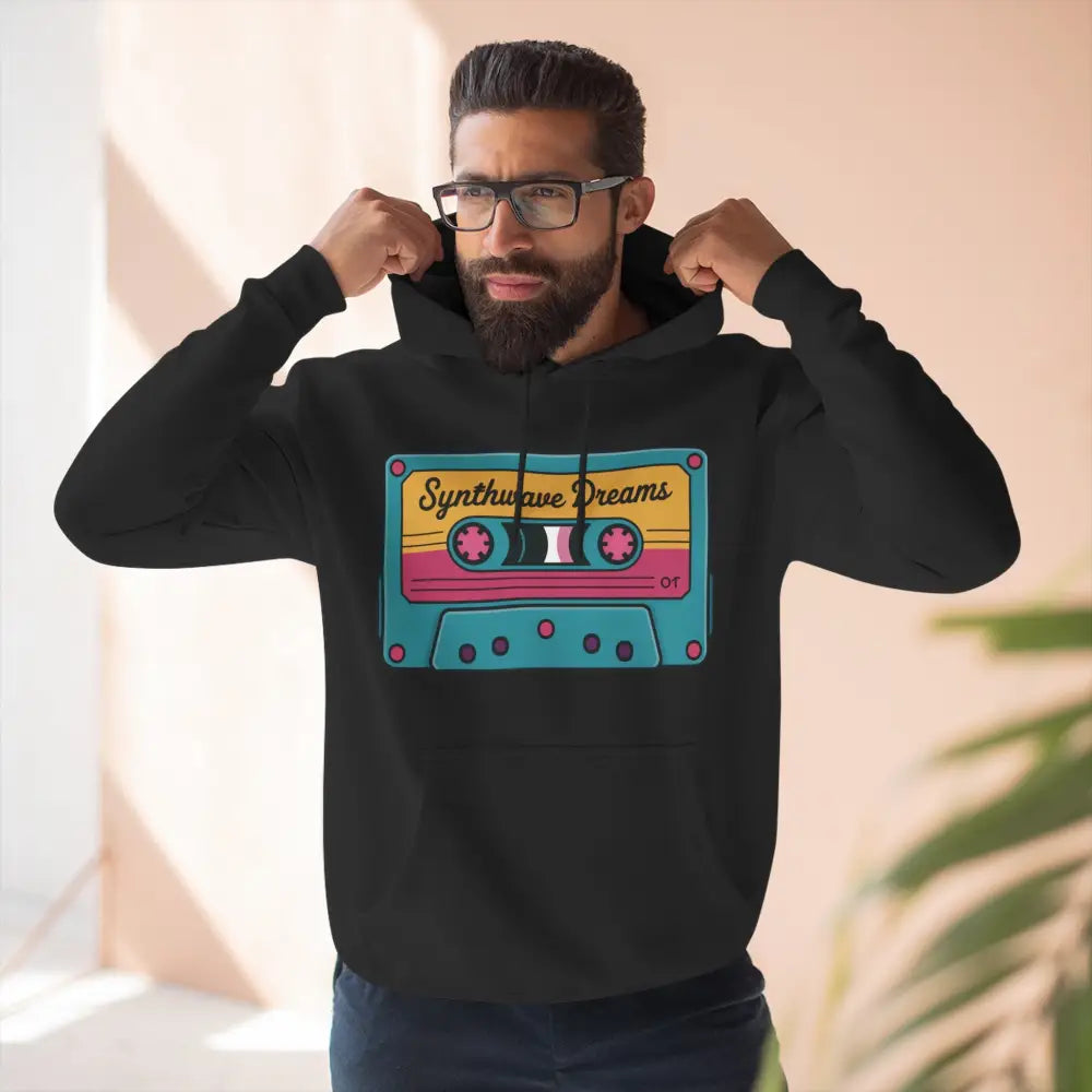 Black unisex hoodie with colorful Synthwave Dreams cassette graphic, machine wash max 30c