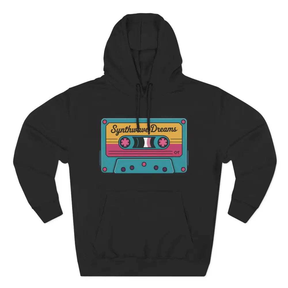 Black hoodie with colorful Synthwave Dreams cassette graphic, machine washable at max 30c