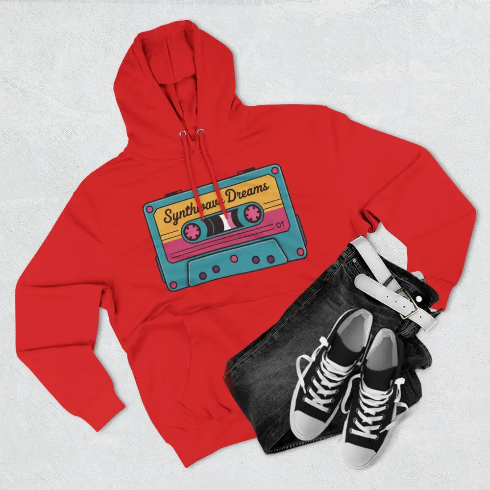 Red hoodie with retro cassette tape graphic, machine wash cold low heat, vintage music style