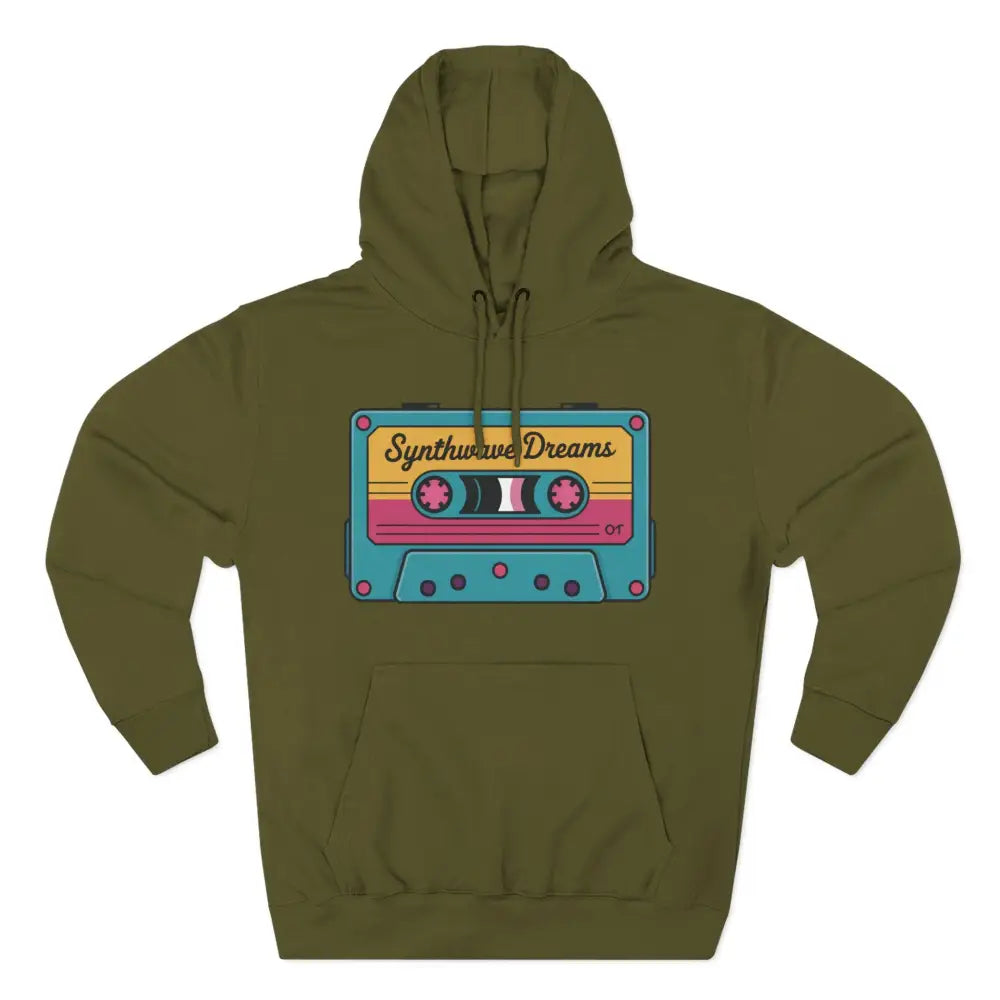Olive green Synthwave Dreams cassette hoodie with colorful graphic, machine washable at max 30c