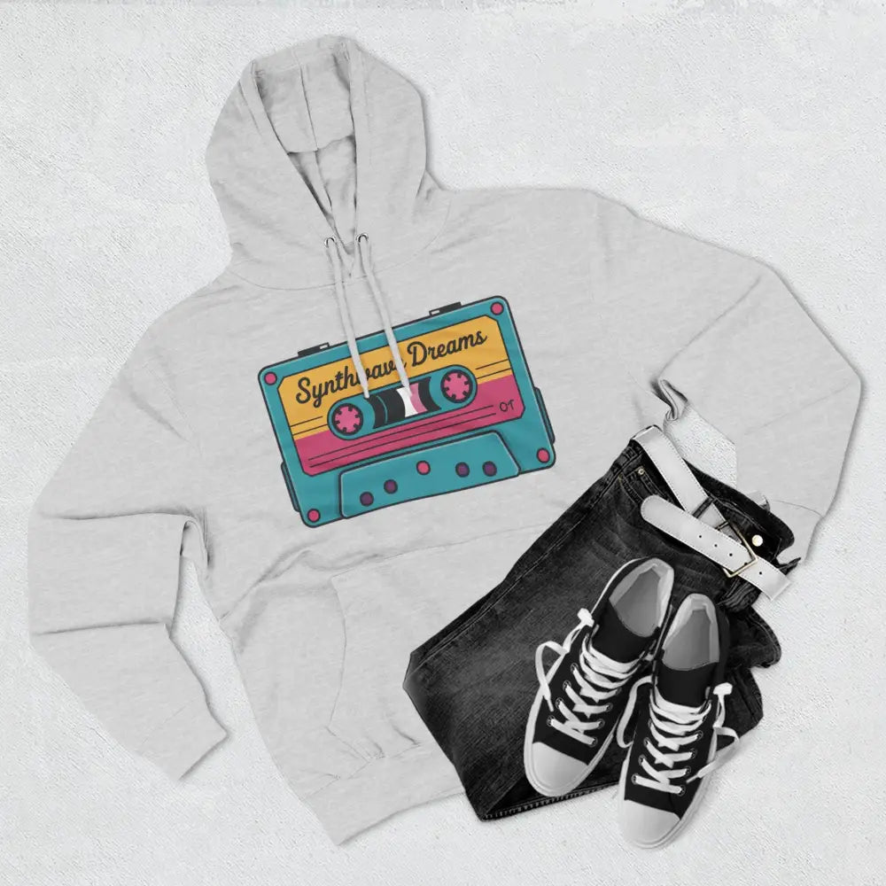 White hoodie with colorful retro cassette tape graphic, machine washable, low heat care