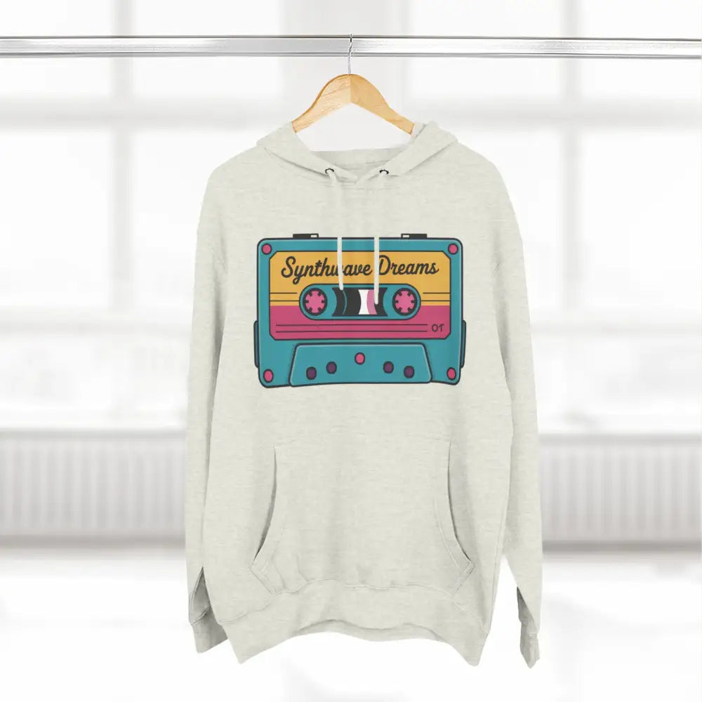 Beige Retro Synthwave Hoodie with cassette graphic, machine washable, low heat, casual style