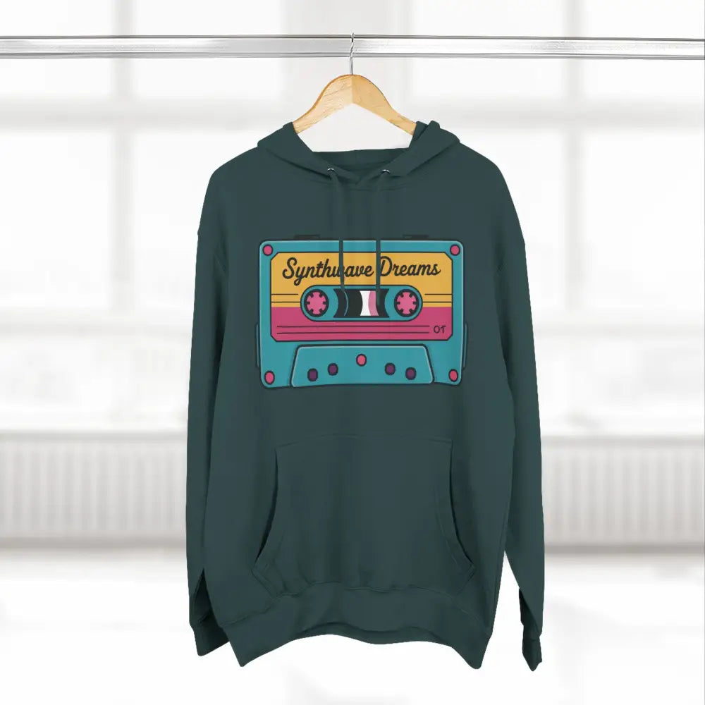 Dark teal Retro Synthwave Unisex Hoodie with cassette tape graphic, machine wash max 30c