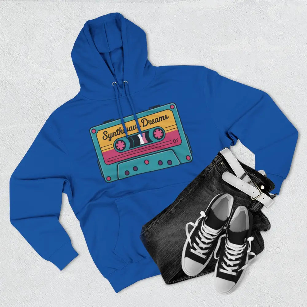 Vibrant blue Retro Synthwave hoodie with cassette tape graphic, machine washable at max 30c