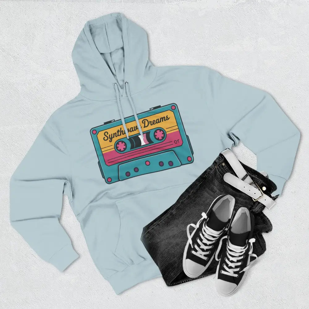 Light blue Retro Synthwave Unisex Hoodie with cassette tape graphic, machine wash max 30c