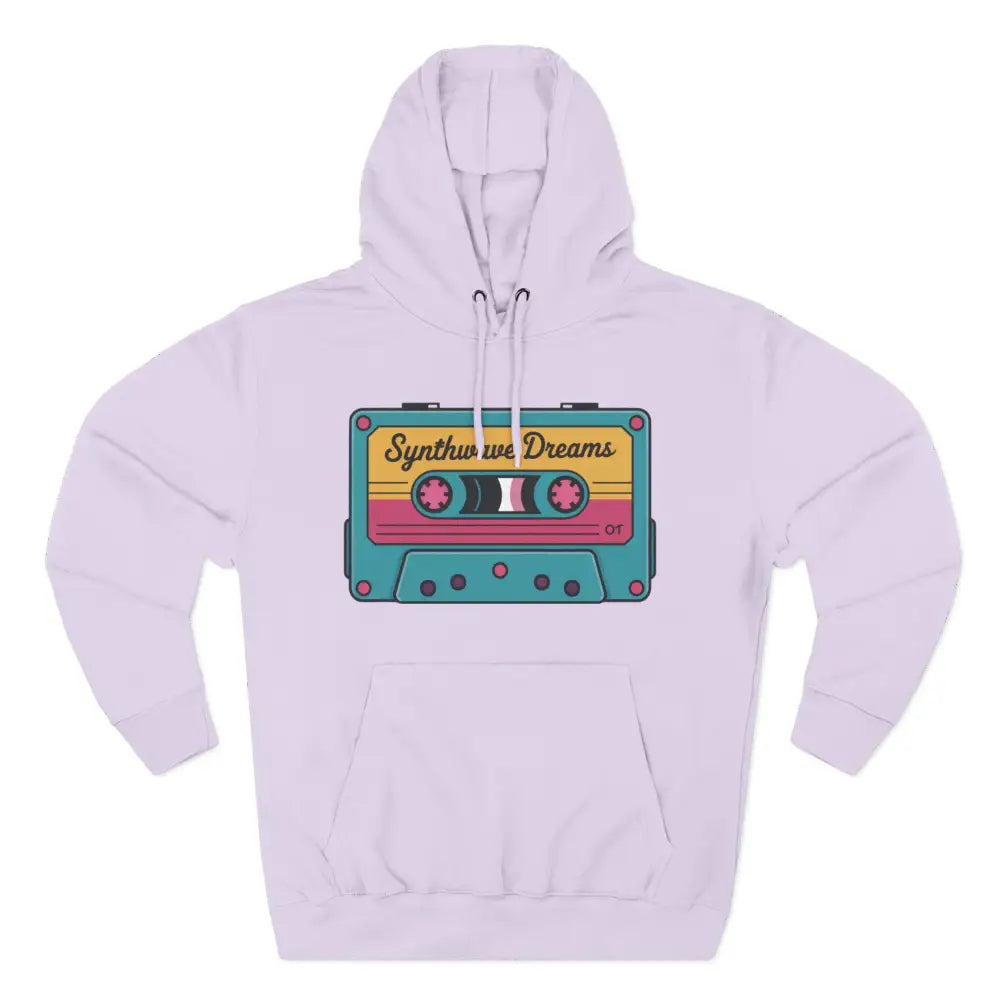Light purple Retro Synthwave Hoodie with cassette tape design, machine washable at max 30c