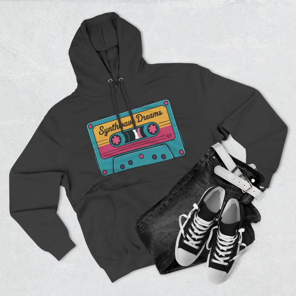 Dark gray Retro Synthwave Hoodie with colorful cassette tape graphic, machine washable at max 30c