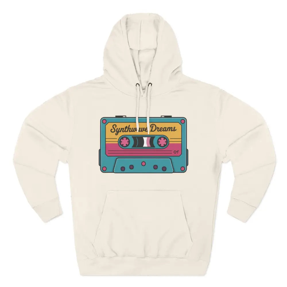 Cream-colored Retro Synthwave unisex hoodie with cassette tape graphic, machine wash max 30c