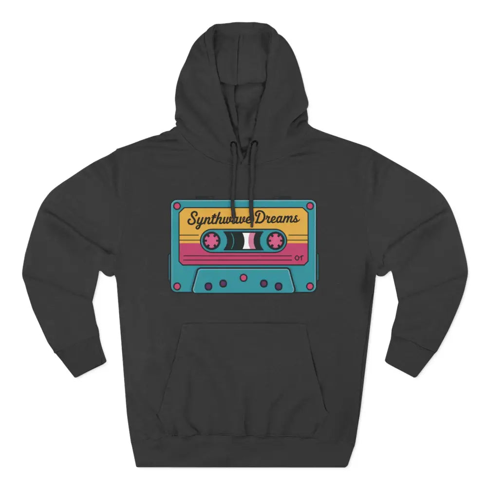 Dark gray Synthwave Dreams cassette hoodie, machine wash max 30c, casual streetwear
