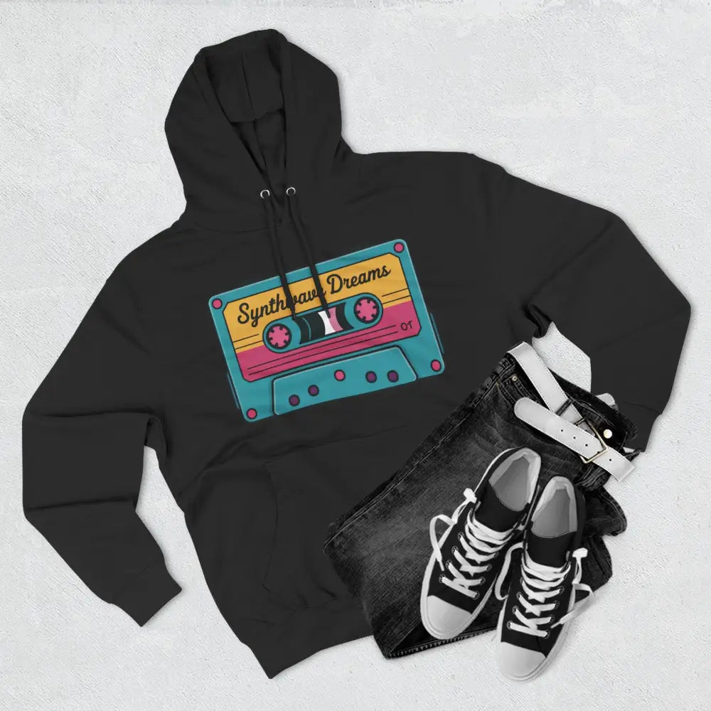 Black hooded sweatshirt with colorful Synthwave Dreams cassette graphic, machine washable max 30c