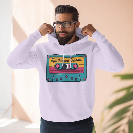 White hoodie with colorful cassette tape graphic, cozy vintage music streetwear, machine wash max 30c