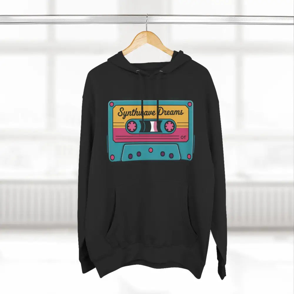Black hoodie with colorful cassette tape graphic, machine washable at max 30c, casual streetwear