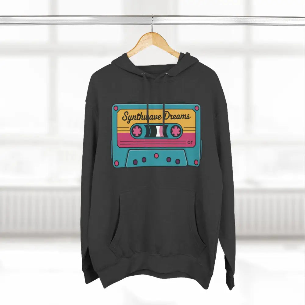 Black hoodie with colorful retro cassette tape graphic, machine washable, low heat safe