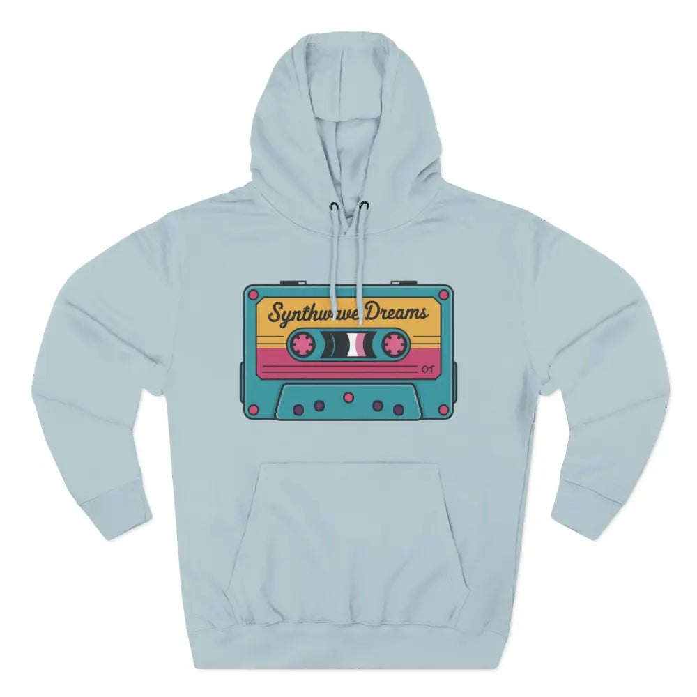Light blue Retro Synthwave hoodie with colorful cassette tape graphic, machine washable at max 30C
