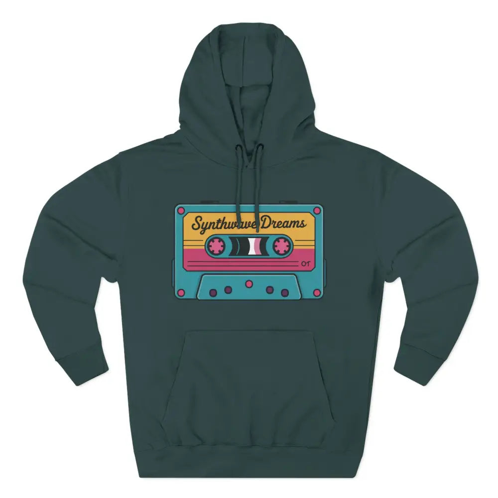 Dark teal Retro Synthwave Hoodie with cassette tape graphic, machine wash max 30c, cozy streetwear