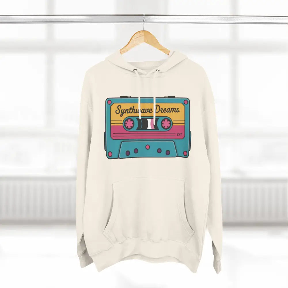 White pullover hoodie with colorful cassette tape graphic, machine washable at max 30C