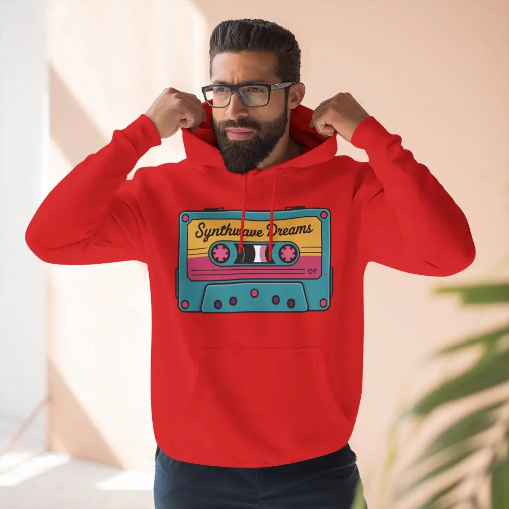 Red hoodie with colorful Synthwave Dreams cassette graphic, machine wash low heat max 30c